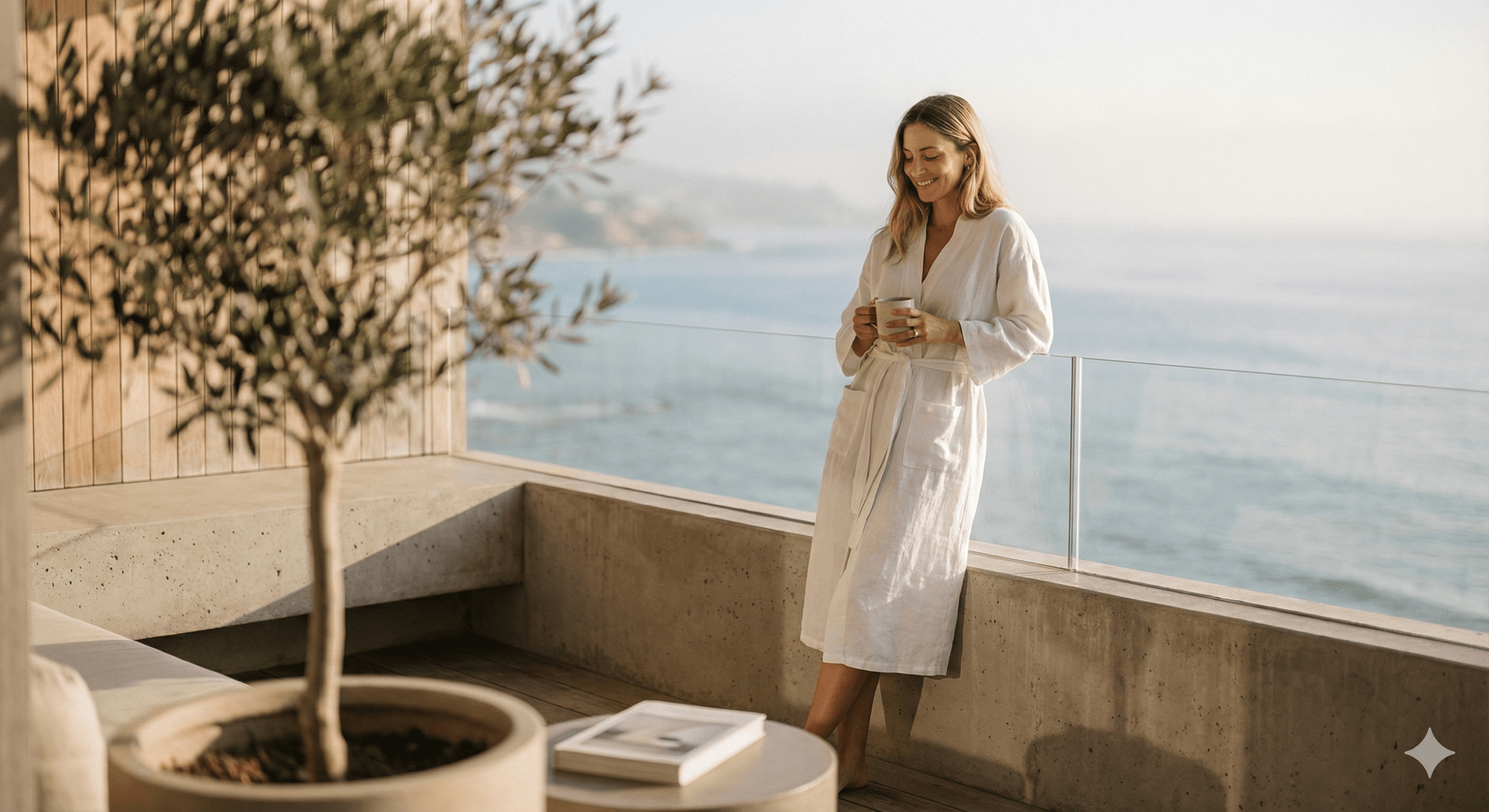 Woman enjoying coffee on balcony