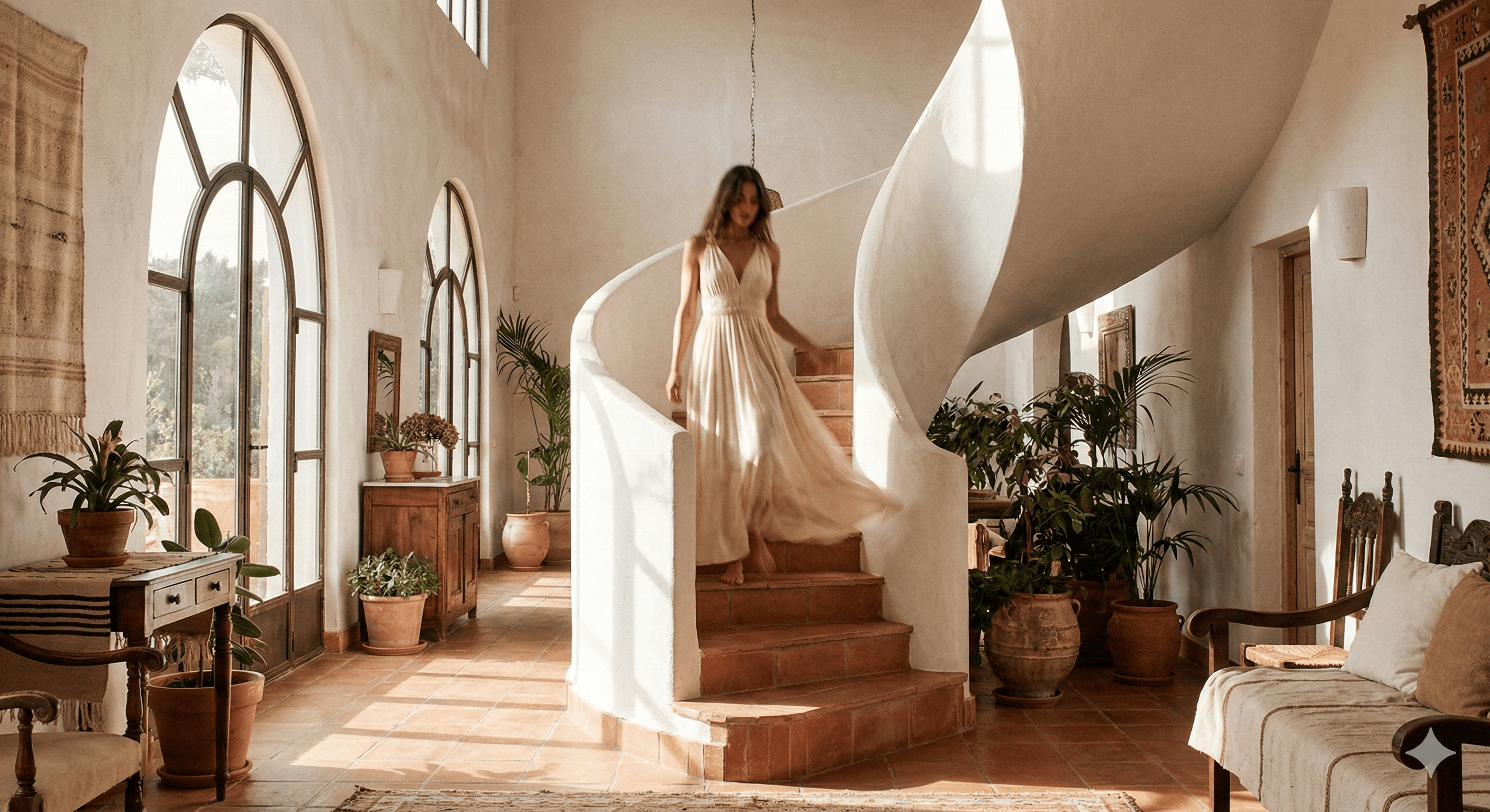 Woman on spiral staircase