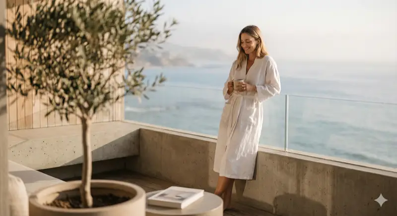 Woman enjoying coffee on balcony