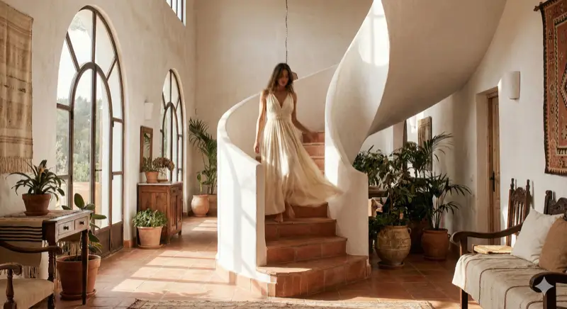 Woman on spiral staircase